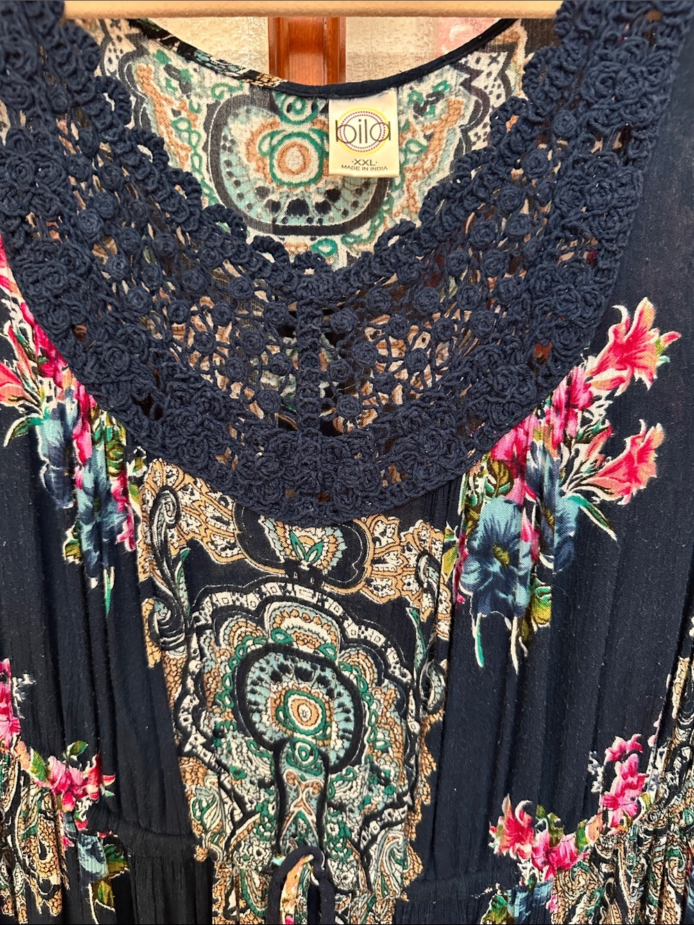 Bila Navy Floral Paisley Maxi Dress with Crochet Yoke - Picture 5 of 7
